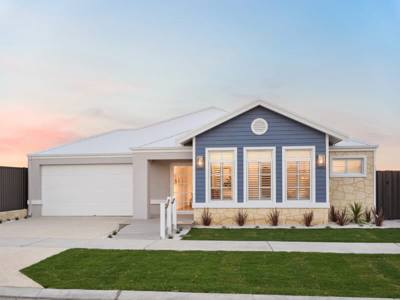 Plunkett Homes display in Eglinton, The Boardwalk. A coastal home with a panelled facade.
